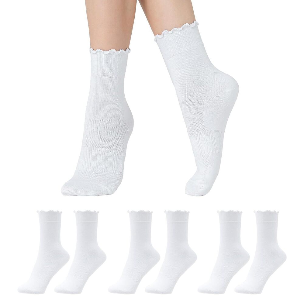 3 Pairs White Womens Ruffle Socks, Cute Cotton Blend Crew Socks for